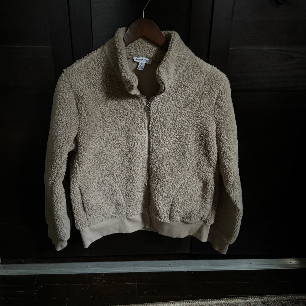 Calvin Klein Womens Tan Sherpa Fleece Full Zip Teddy Jacket Size M